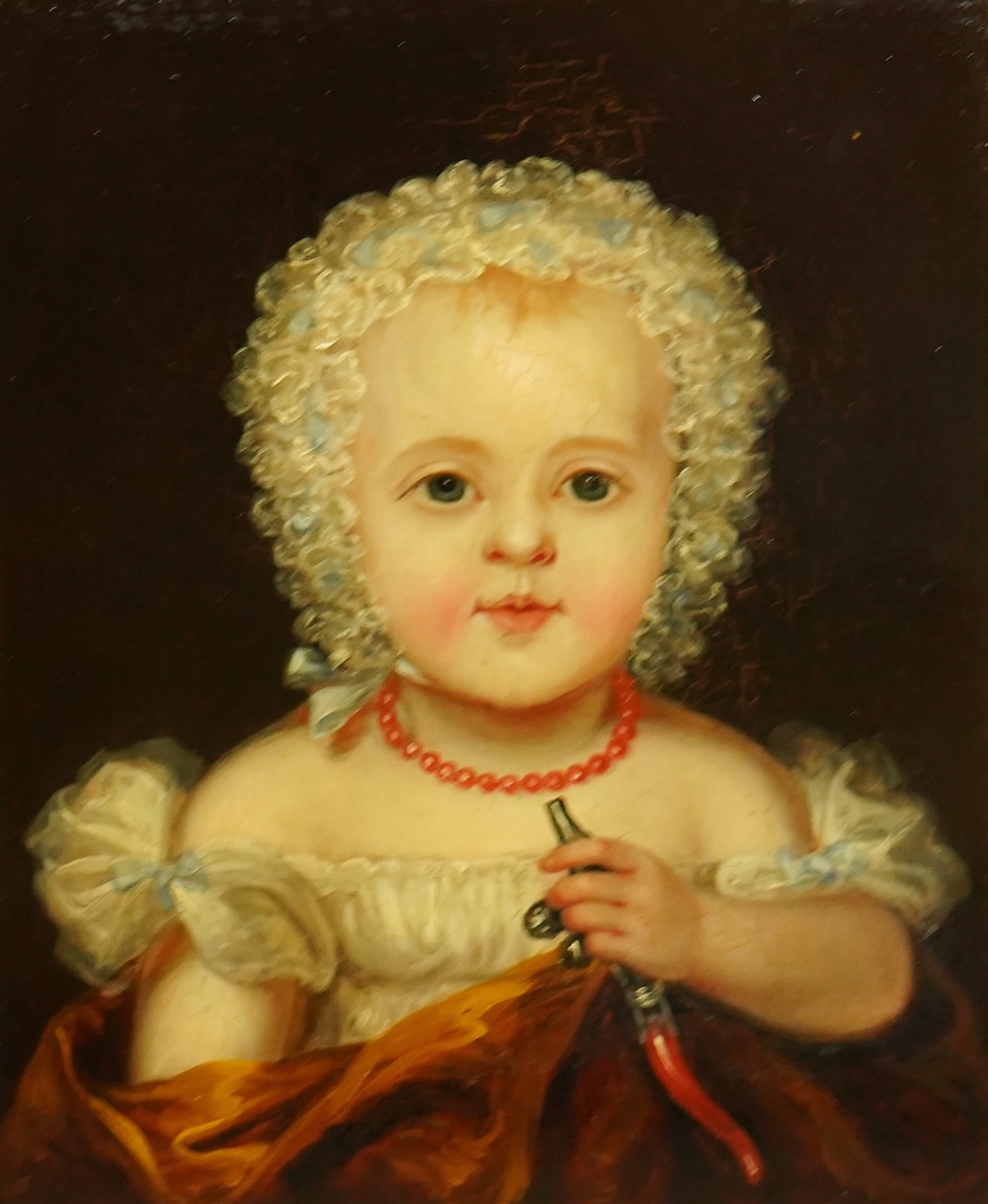 English School c.1840 , Portrait of an infant wearing a coral necklace and holding a silver rattle, oil on board, 42 x 35cm